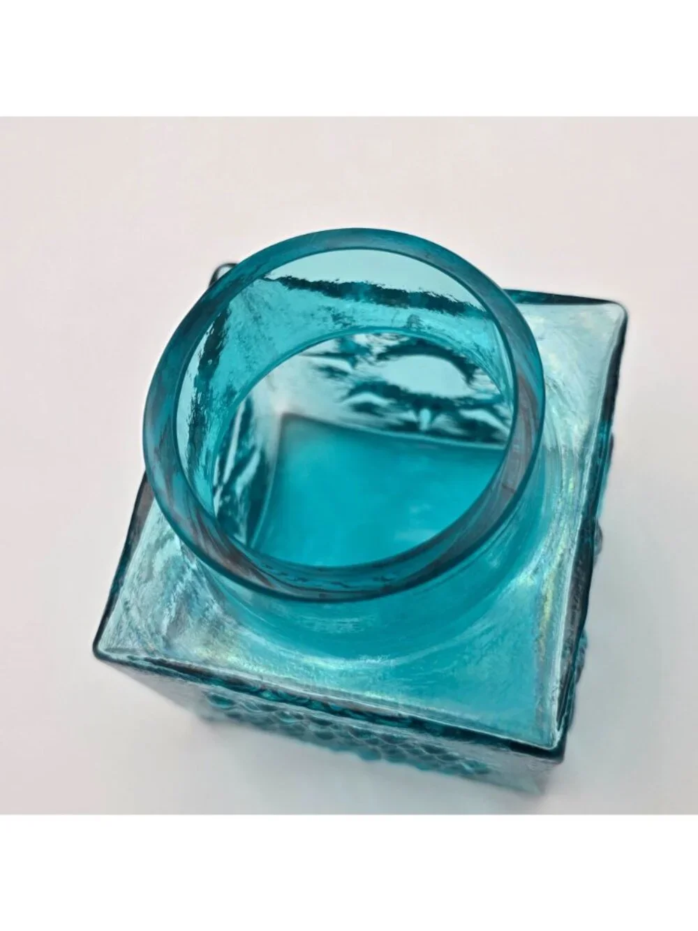 MCM Dartington Blue Glass Cube Vase Embossed Sunburst Design Textured Finish